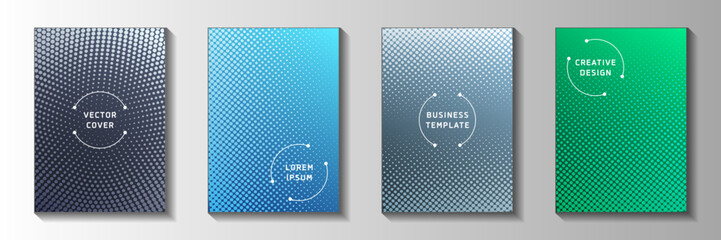 Simple dot screen tone gradation front page templates vector batch. Business flyer faded screen