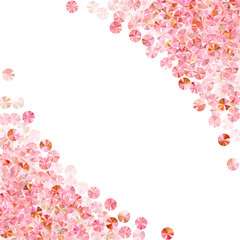 Fototapeta premium Pink gold tinsels confetti scatter vector background. Birthday anniversary greeting card background. Delicate glowing bead elements party decor. Birthday celebration confetti.