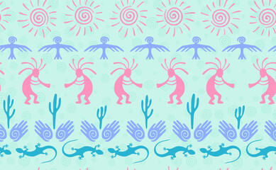 Kokopelli with flute, pangolin, hawk, sun symbol, hands and plant tribal vector seamless pattern.