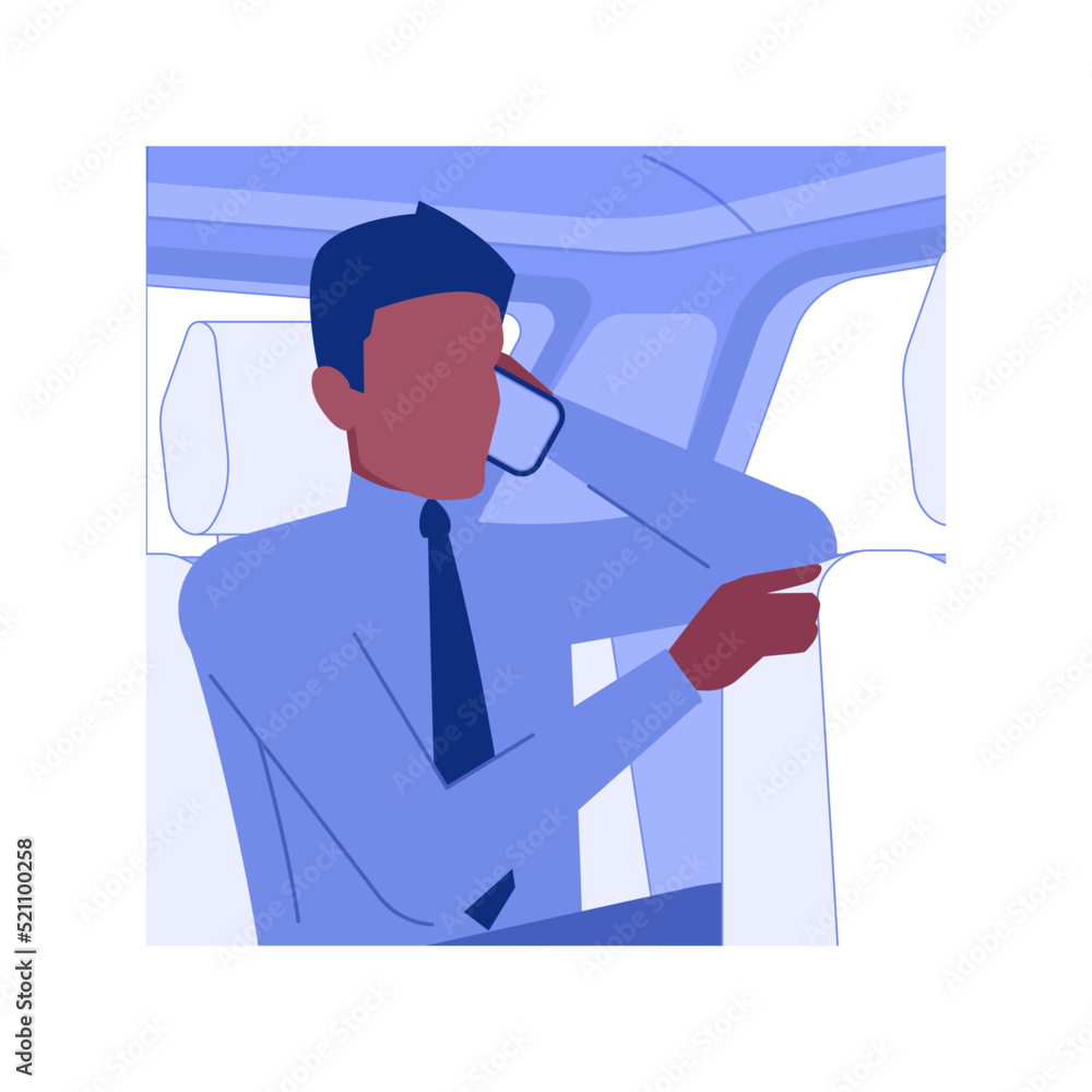 Poster working on the way isolated concept vector illustration. businessman works when driving with a perso