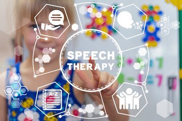 Concept of speech therapy. Teach child to talk. Speech Pathology, Improve Language, Development Delay, Speaking Disability, Tongue Exercise. Dyslexia, Stuttering Treatment. Speech Therapist Therapy. - obrazy, fototapety, plakaty