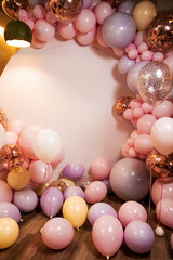 photo zone of pink balloons with a place for an inscription