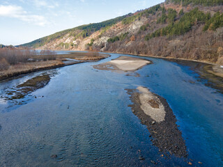 Aerial winter view of Pancharevo lake, Bulgaria