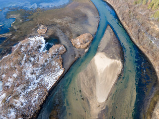 Aerial winter view of Pancharevo lake, Bulgaria