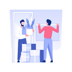 Moving in a new office isolated concept vector illustration. Group of people with boxes settling in a new office, corporate business, relocation and unpacking process vector concept.