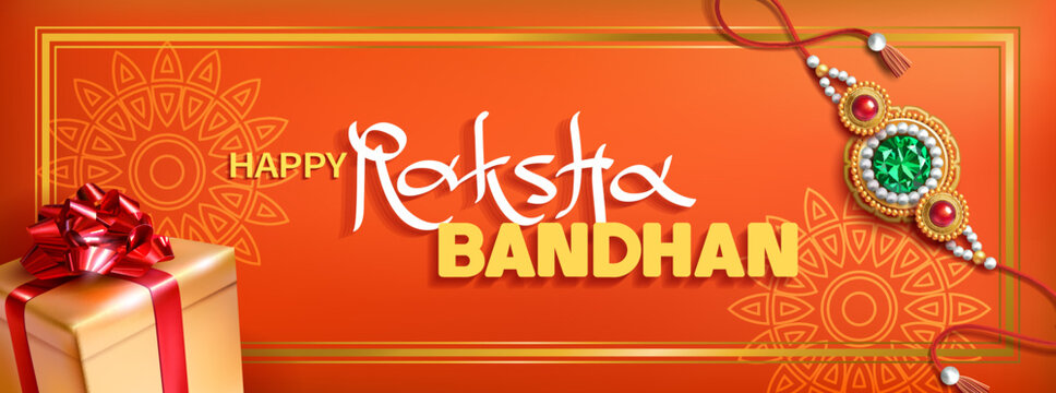 Greeting banner with rakhi (bracelet) and gift for Raksha Bandhan (Bond of protection and care) – Indian festival of sisters and brothers. Vector illustration.