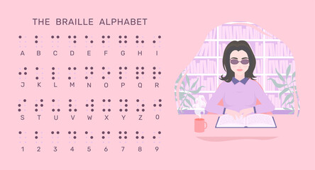 Braille alphabet. Disabled blind girl reading book written in Braille. Reading Braille text as blind system with touching dots person. Text recognition without visual sight vector illustration.