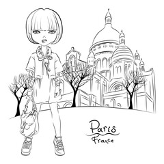 Fototapeta na wymiar Vector cute girl in quarter Montmartre, Paris, France. Black and white illustration for coloring book.