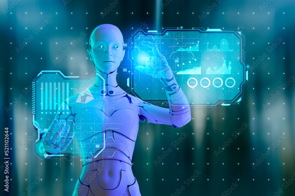 Aufkleber engineer industrial robot, 3d humanoid futuristic robot working, coding programming platform softwar
