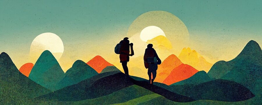 Hiking diverse friends and family in the outdoors exploring, discovering and experiencing nature mountains enjoying being together in the summer sun while on vacation holidays