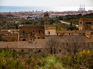 Fototapeta na wymiar Monasterio de San Jeronimo de la Murtra in Badalona with view of city and Mediterranean Sea in background.