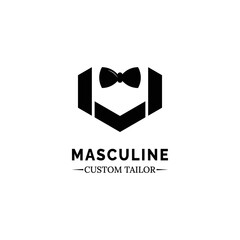 Bow Tie Tuxedo Suit Gentlemen Masculine Fashion Tailor Clothes Logo Vector Design Template