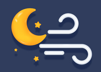 3D weather icon. Colorful poster with stream of wind, crescent moon and stars in sky. Cold and low temperature at night. Design for meteorological forecast. Cartoon realistic vector illustration