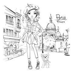 Vector cute girl in quarter Montmartre, Paris, France. Black and white illustration for coloring book.