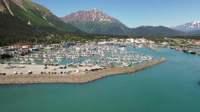 Aerial view of port city Seward, Alaska.  Seward Boat Harbor from above. 