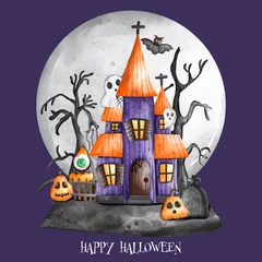 Foto op Plexiglas Aquarel doodshoofd Volle maan Halloween Spookhuis met spoken. Halloween-element. Halloween-decoratie..