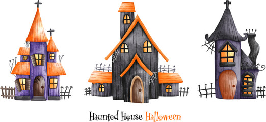 Fijne Halloween. Halloween Spookhuis met volle maan. Halloween-element. Halloween-decoratie..