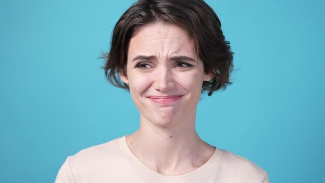 Lady portrait displeased bad stupid idea isolated on blue color background