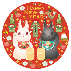 年賀状 卯年 2023 白と黒のまねきうさぎと正月モチーフのベクターイラスト