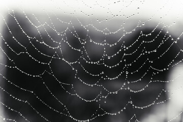 Naklejka premium Beautiful natural background with a necklace of water drops on a cobweb in the grass in spring summer. The texture of the dew drops on the web in nature macro macro with soft focus.