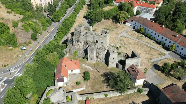 Revealing drone establishing shot of Levice Castle, Ancient Hrad in Slovakia