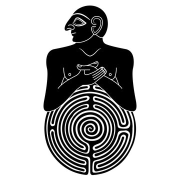 Sumerian man or priest with round spiral maze or labyrinth symbol. Creative concept. Mystery of ancient civilization. Black and white silhouette.