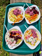 Food in plastic disposable bowls. Four bowls with different types of salad on the tray.