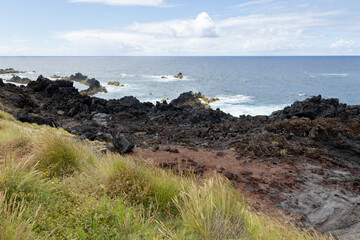View of the ocean from Santa Bárbara Beach Ribeira Grande on the island of Sao Miguel, Azores,...