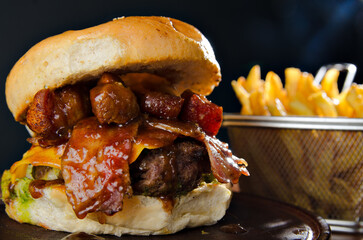 the photograph shows a delicious hamburger accompanied by french fries