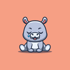 Hippo Sitting Sad Cute Creative Kawaii Cartoon Mascot Logo