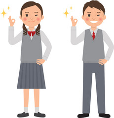男子生徒と女子生徒のOKポーズ 全身