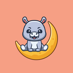 Hippo Sitting On Moon Cute Creative Kawaii Cartoon Mascot Logo