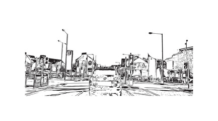 Building view with landmark of Newry is the 
city in Northern Ireland. Hand drawn sketch illustration in vector.