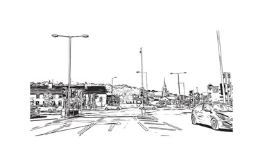 Building view with landmark of Newry is the 
city in Northern Ireland. Hand drawn sketch illustration in vector.