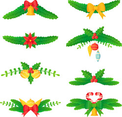 Set of Christmas headers or dividers Pine branch holly fir bell flower balls in cartoon style