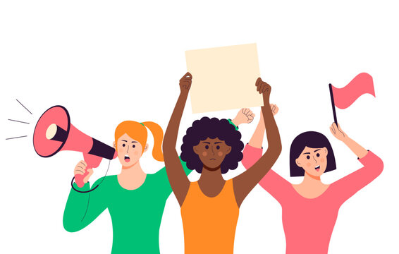Women protest with empty banners, flag, voice with megaphone. Social political demonstration, human right, protest, meeting concept. People taking part in parade or rally. Female protesters or activis