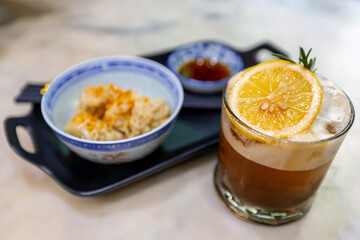 Pork dumplings topped with fried garlic