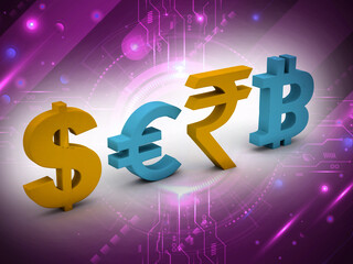3d rendering Global Currencies sign  
dollar, euro  , rupee  , bitcoin sign 