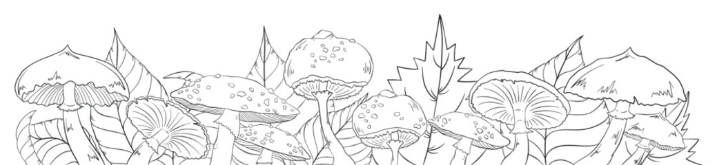 Linear poster with fly agarics, grebes and leaves. Vector graphic sketch. Illustration coloring with inedible mushrooms