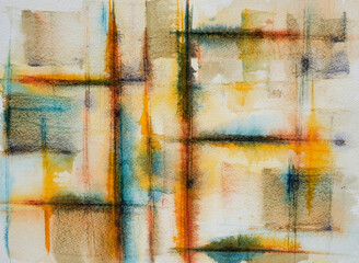 Abstract watercolor painting with yellow, rust and turquoise