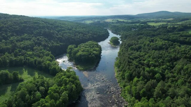 Drone shot of a riverbed along a river in Vermont. 