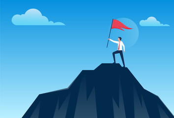 Businessman holding up success flag on top of mountain. Business, Success, Leadership, Achievement, People successful career concept vector illustration