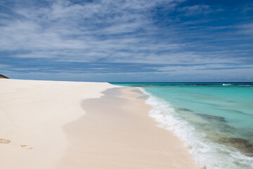 Fototapeta na wymiar Los Roques Archipelago, Venezuela, 07.30.2022: white tropical beach in Cayo de Agua (Water Cay).