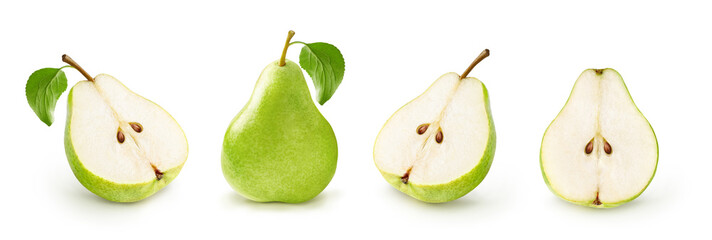Green pear with pear leaf and half of pear isolated on white background.