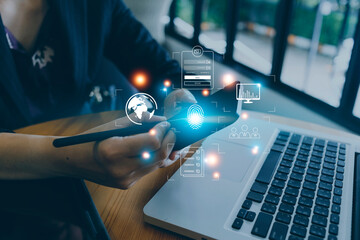 futuristic digital processing of biometric identification fingerprint scanner for access personal financial data. surveillance and security scanning of digital programs cyber futuristic applications