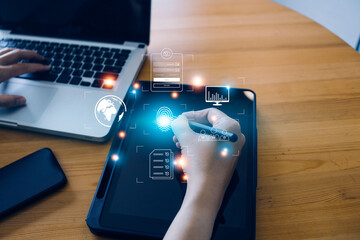 futuristic digital processing of biometric identification fingerprint scanner for access personal financial data. surveillance and security scanning of digital programs cyber futuristic applications