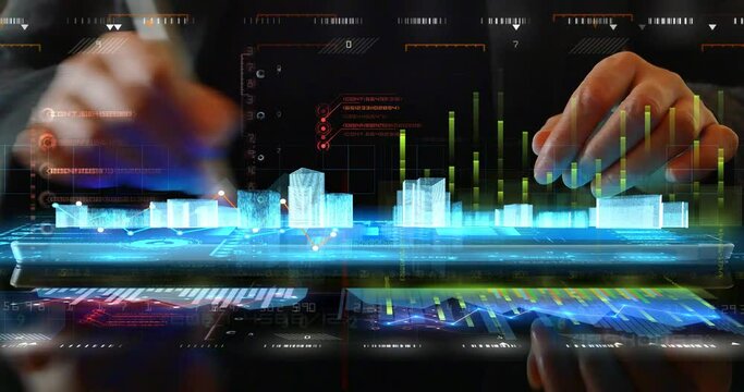 4K Human Finger Turns on Touch Futuristic Screen Button;financial stock chart;Business tech digital Data trend hud Graph;business diagram with charts and stock numbers.Big Data Digital City grouth.