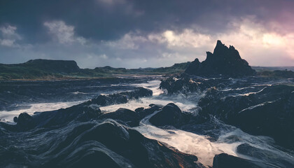 Fototapeta na wymiar Sea rocky birches of Ireland, cold water, raging sea, fog, waves, ocean. Irish seascape. 3D illustration.