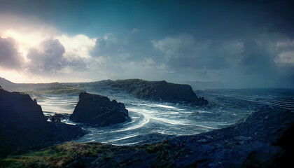 Sea rocky birches of Ireland, cold water, raging sea, fog, waves, ocean. Irish seascape. 3D illustration. - obrazy, fototapety, plakaty