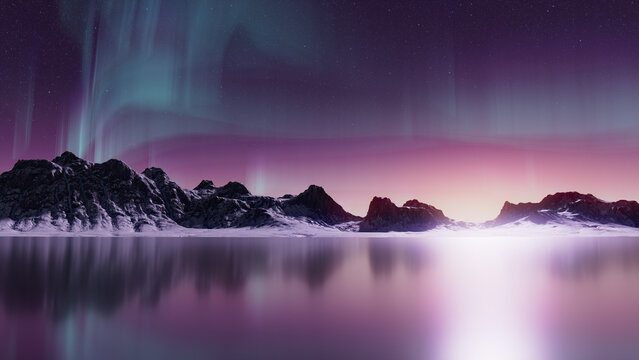 Purple Aurora Lights over Snow covered Landscape. Majestic Northern Lights Background with copy-space.